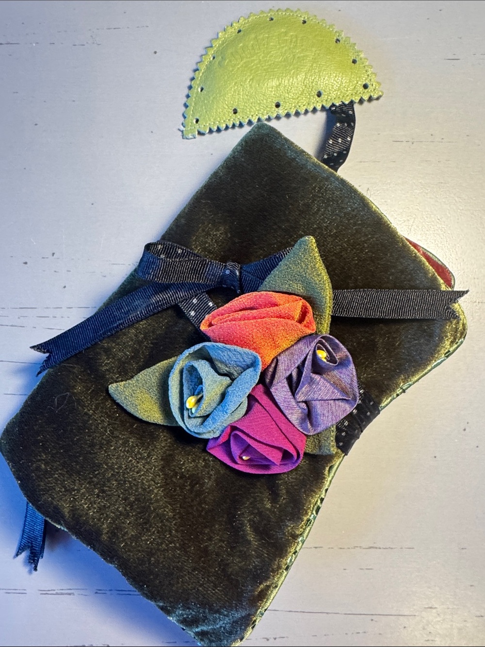 Velvet Floral Jewelry Roll Dark Green with Multicolor Roses